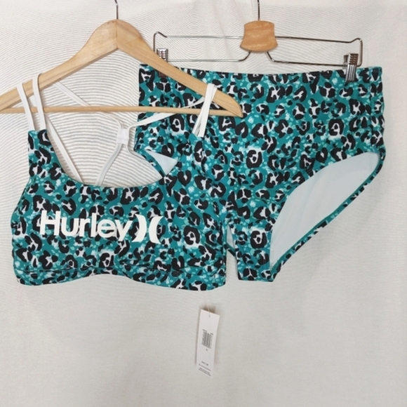HURLEY Bikini Swimsuit High Waisted Teal Leopard Moderate Coverage 1X Plus New - Picture 1 of 10